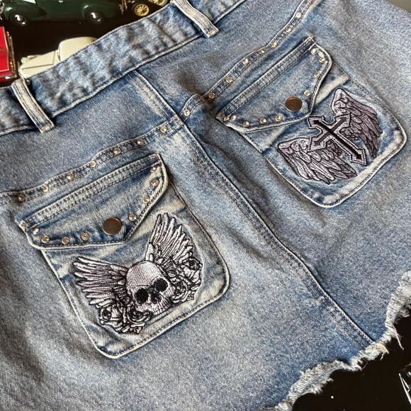 Skull Angel Wings Denim Mini Skirt Hot Topic Emo Goth Scene Social Collision - Picture 6 of 6